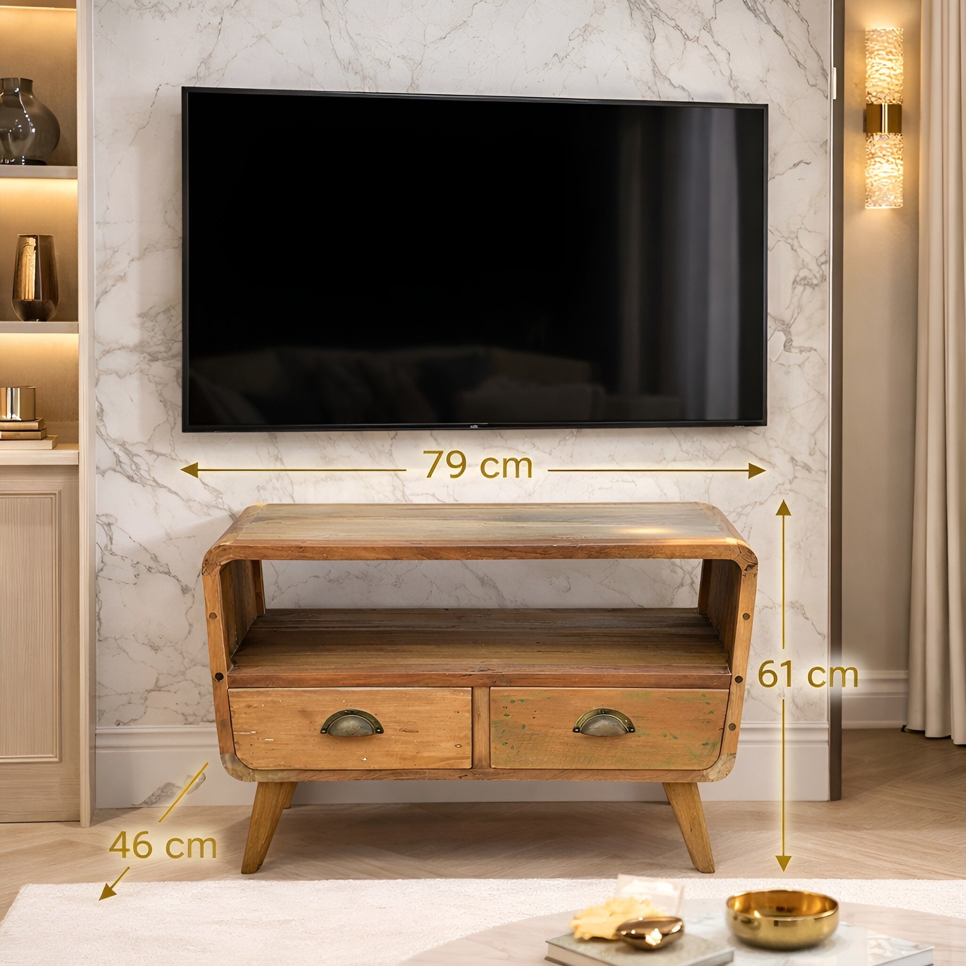Recycled Teak TV Stand – Compact 2-Drawer under wall-mounted TV, 79x46x61 cm, rustic recycled teak wood with two drawers