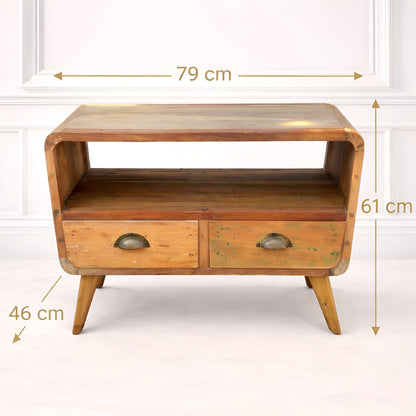 Alt Tag: Recycled Teak TV Stand – Compact 2-Drawer with two drawers and open shelf, dimensions 79x46x61 cm