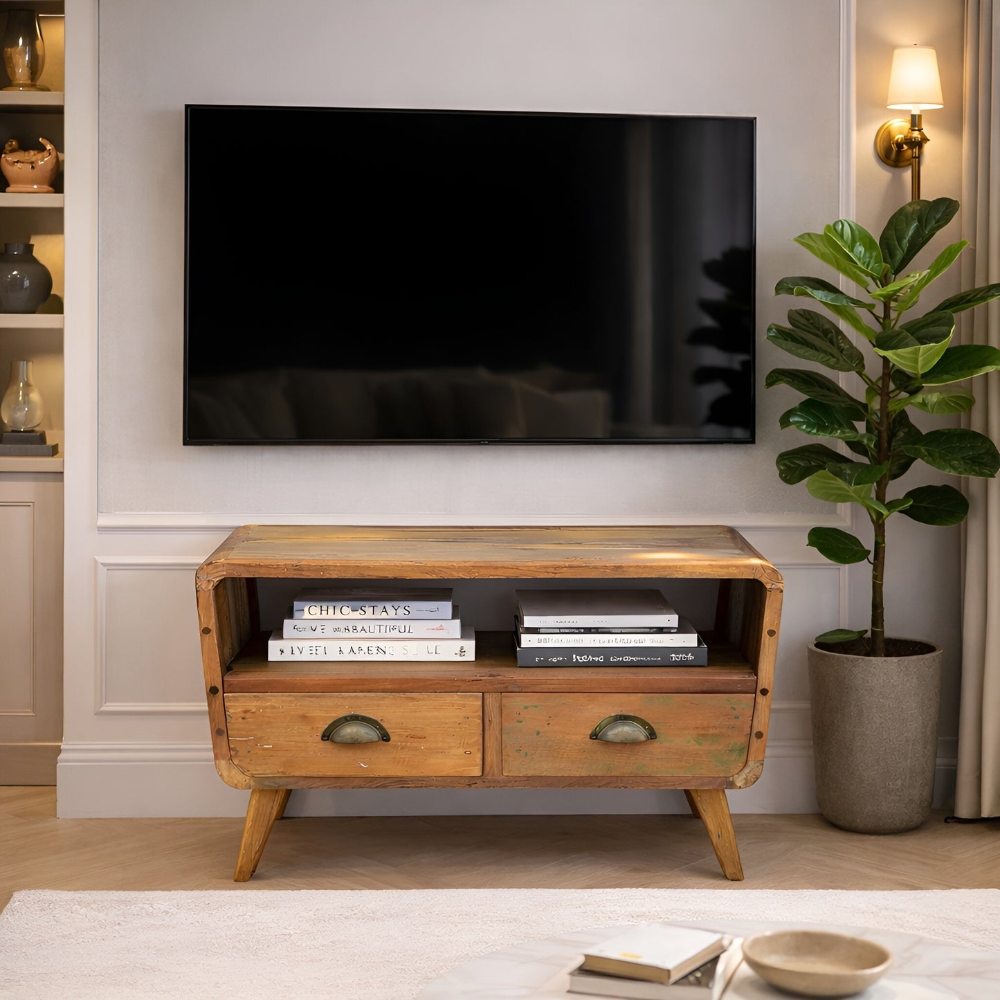 Alt Tag: Recycled Teak TV Stand – Compact 2-Drawer with two drawers under wall-mounted TV, rustic recycled teak wood console in living room