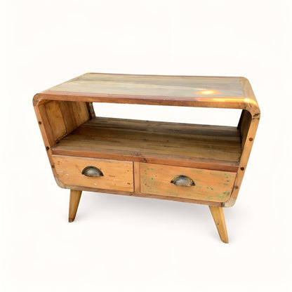 Recycled Teak TV Stand – Compact 2-Drawer with open shelf, rustic reclaimed wood finish, two drawers and tapered legs