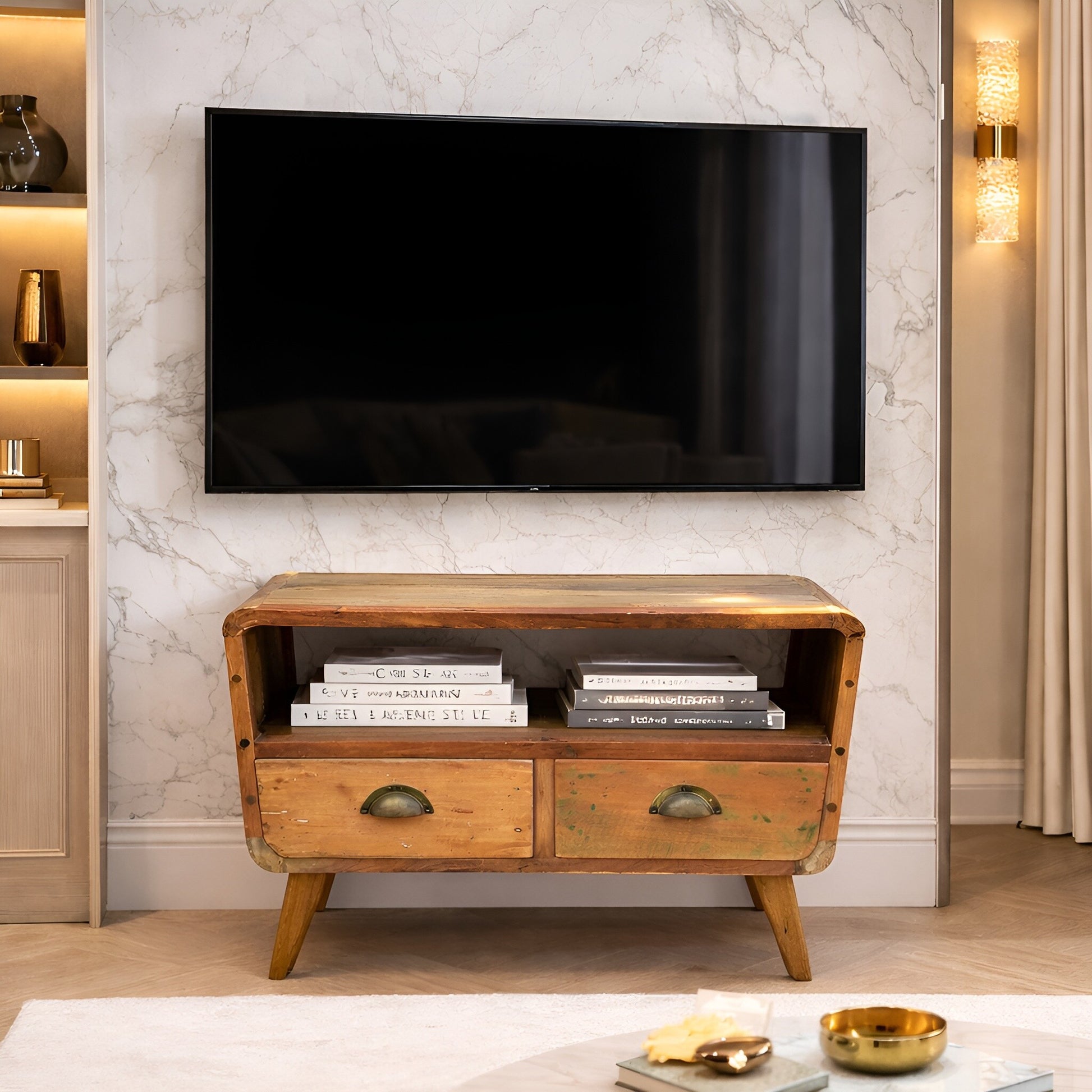 Recycled Teak TV Stand – Compact 2-Drawer with rustic wood finish and two drawers, placed under wall-mounted TV in living room