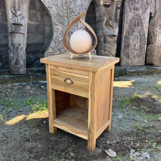Recycled Teak Wood Bedside Table – 65x51x42 CM with drawer and open shelf, natural wood finish, outdoor product photo