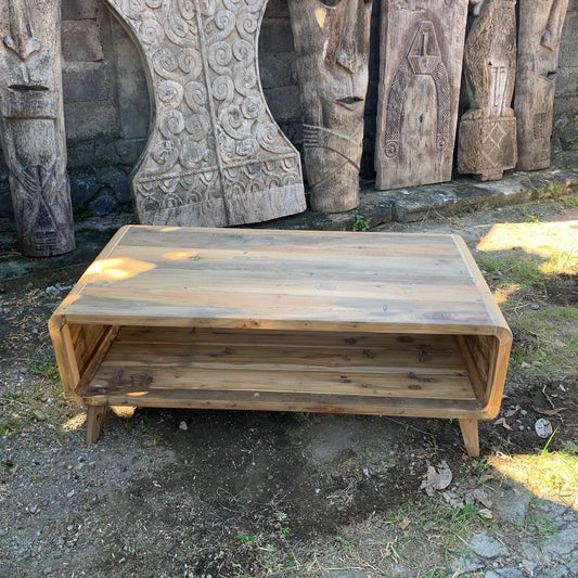 Alt Tag: Recycled Teak Wood Coffee Table – 122CM rectangular rustic coffee table made from recycled teak wood with open shelf