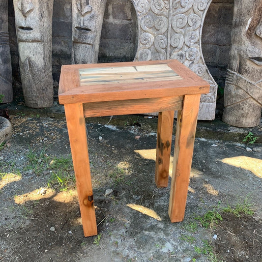 Alt Tag: Recycled Teak Wood Table – Tall Display Stand, tall teak wood display stand with natural grain and sturdy legs