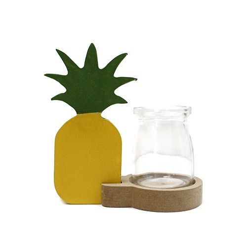 Recycled Wood Hydroponic Pot – 15x14x6 CM con base de madera reciclada y jarrón de vidrio, decorativo, con figura de piña