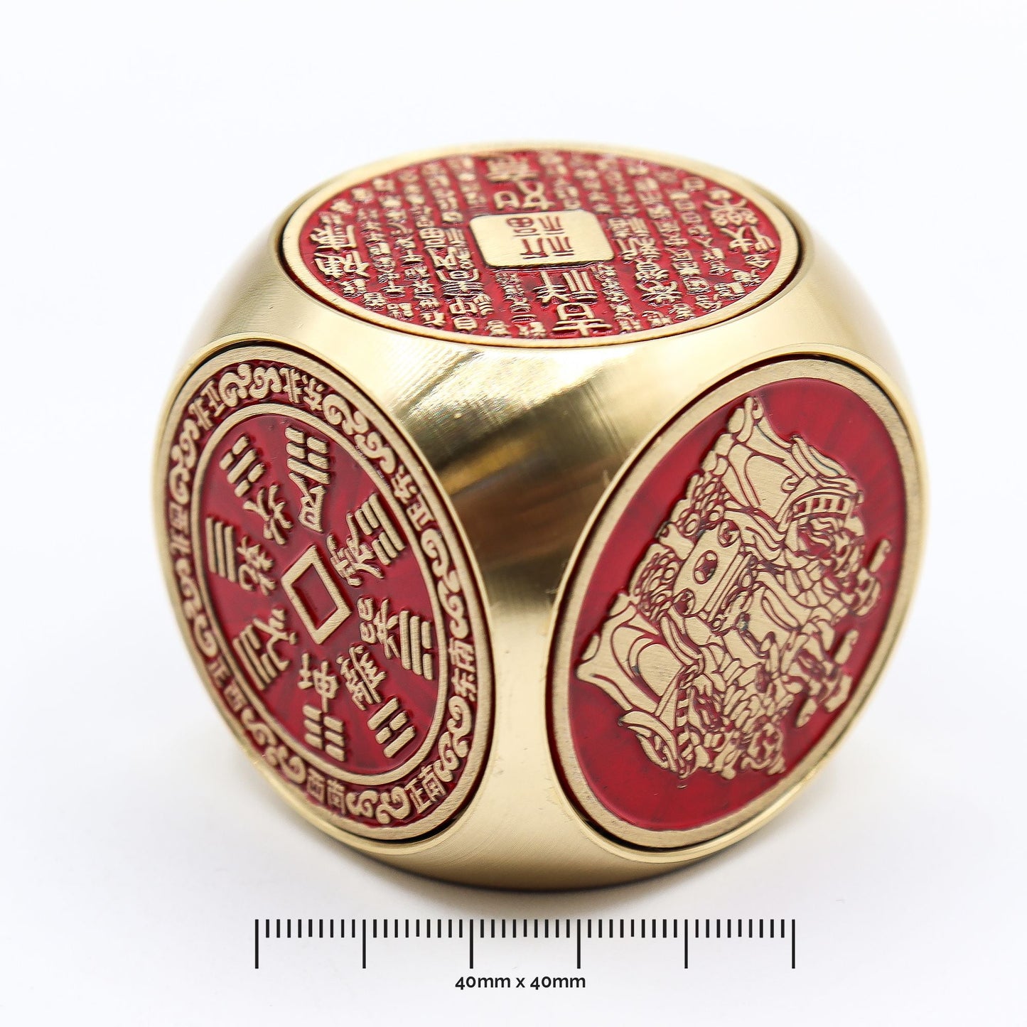 Alt Tag: Red Brass Prosperity Spinner – 4x4 CM red and brass feng shui spinner with engraved Chinese symbols, 40x40mm