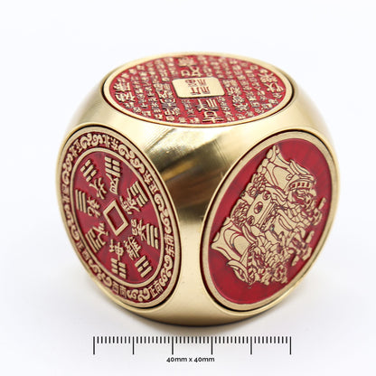 Alt Tag: Red Brass Prosperity Spinner – 4x4 CM red and brass feng shui spinner with engraved Chinese symbols, 40x40mm