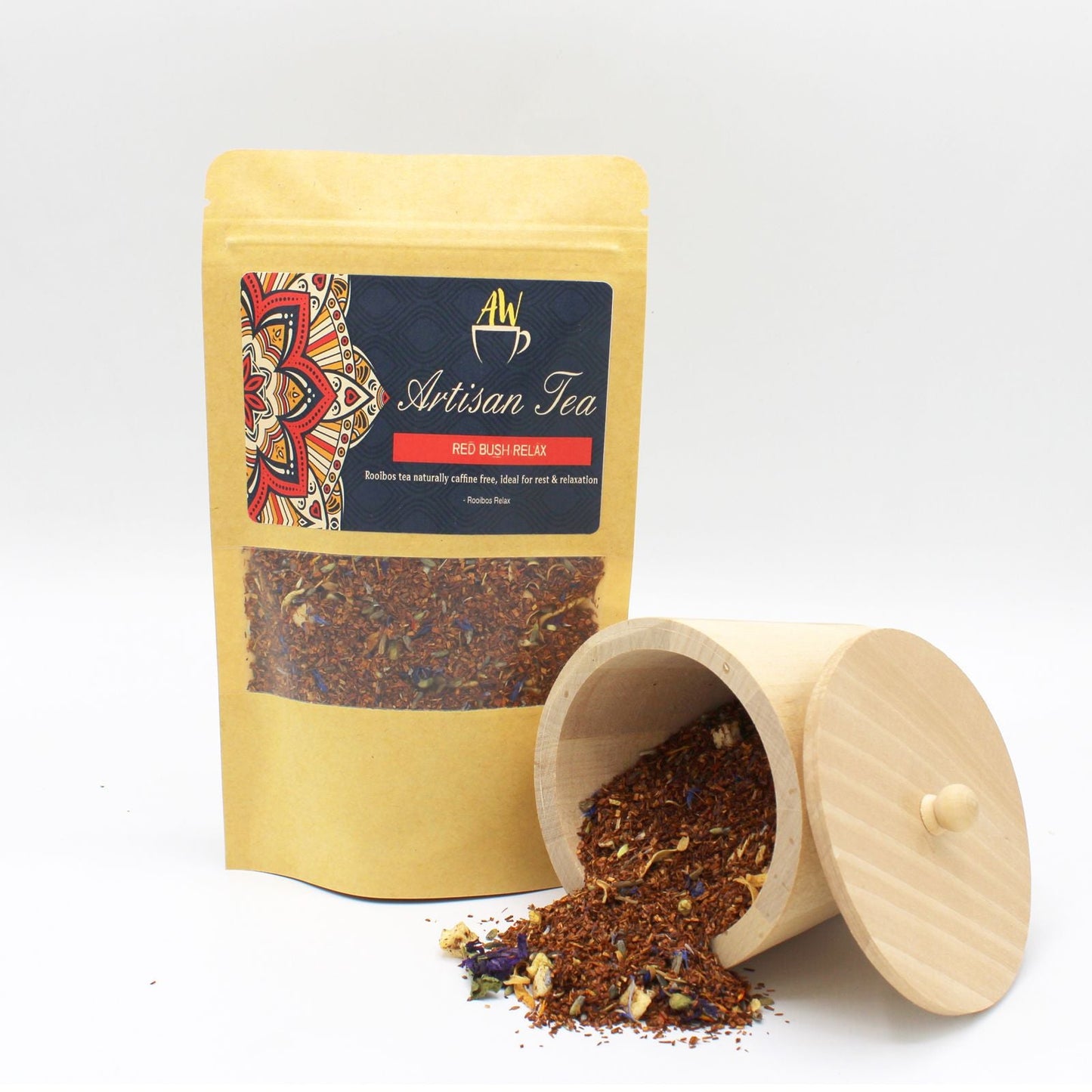 Alt Tag: Red Bush Relax Rooibos Tea – 50G artisan loose leaf rooibos blend pouch with wooden tea caddy and tea leaves