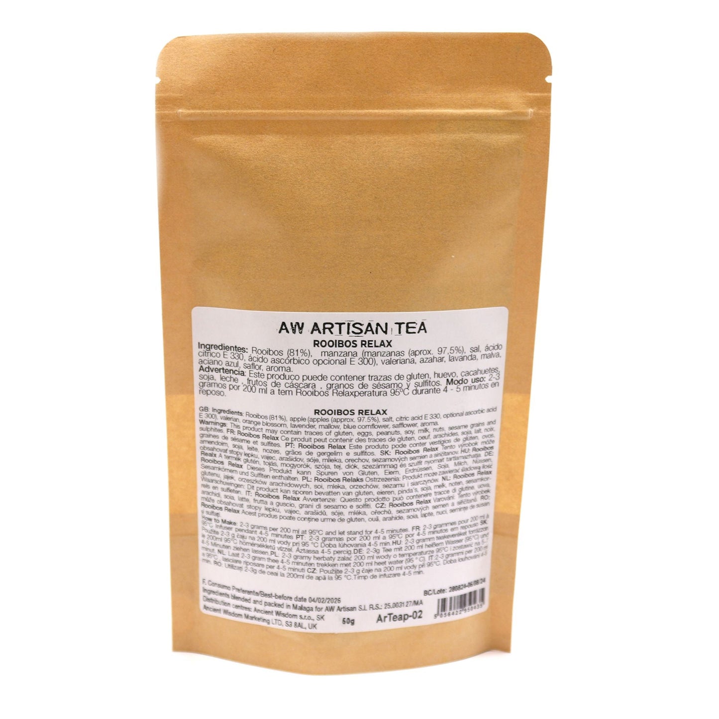 Alt Tag: Red Bush Relax Rooibos Tea – 50G artisan rooibos blend pouch packaging with ingredients label, 50g