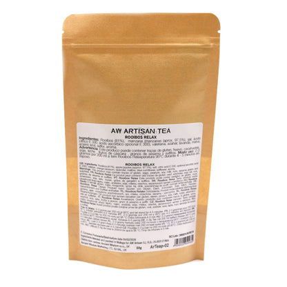 Alt Tag: Red Bush Relax Rooibos Tea – 50G artisan rooibos blend pouch packaging with ingredients label, 50g