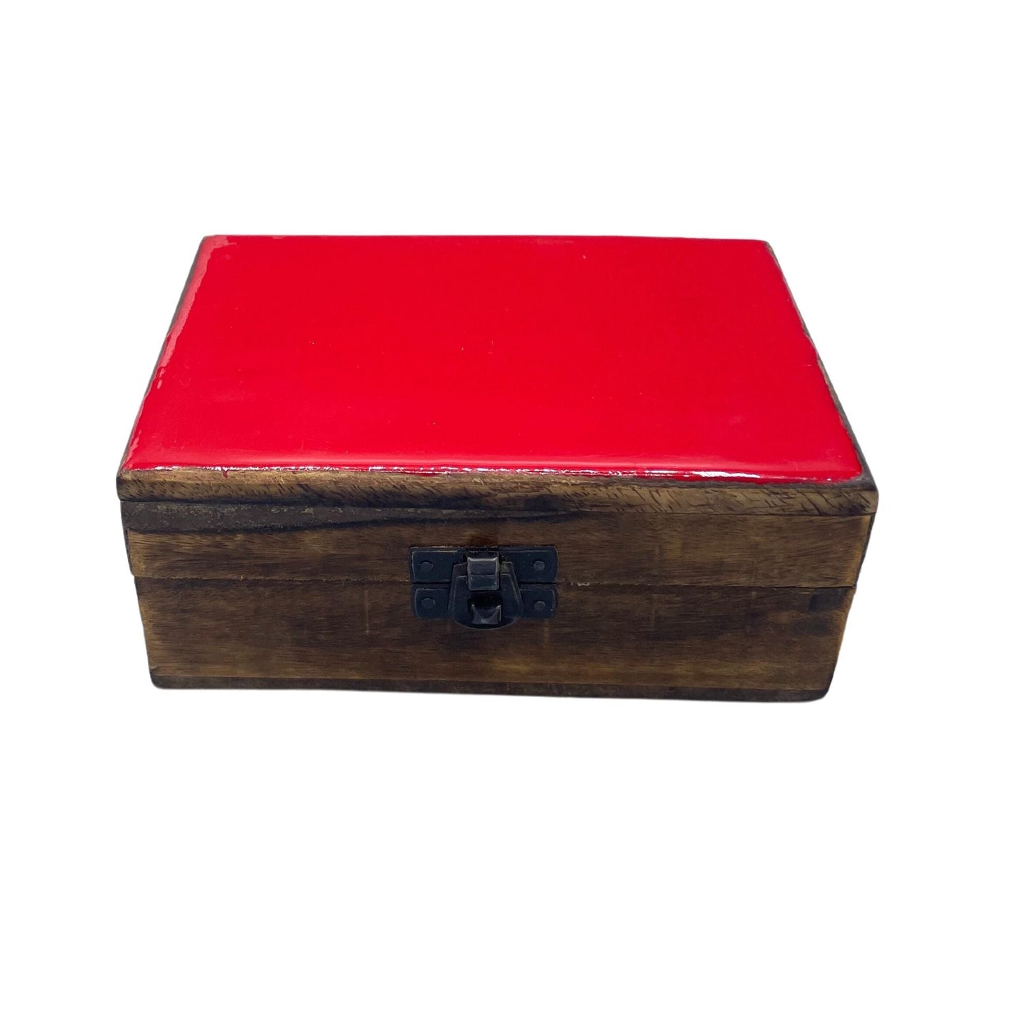 Alt Tag: Red Ceramic Glazed Mango Wood Box – 15x10x6 CM, handmade mango wood storage box with red ceramic glazed lid and metal latch