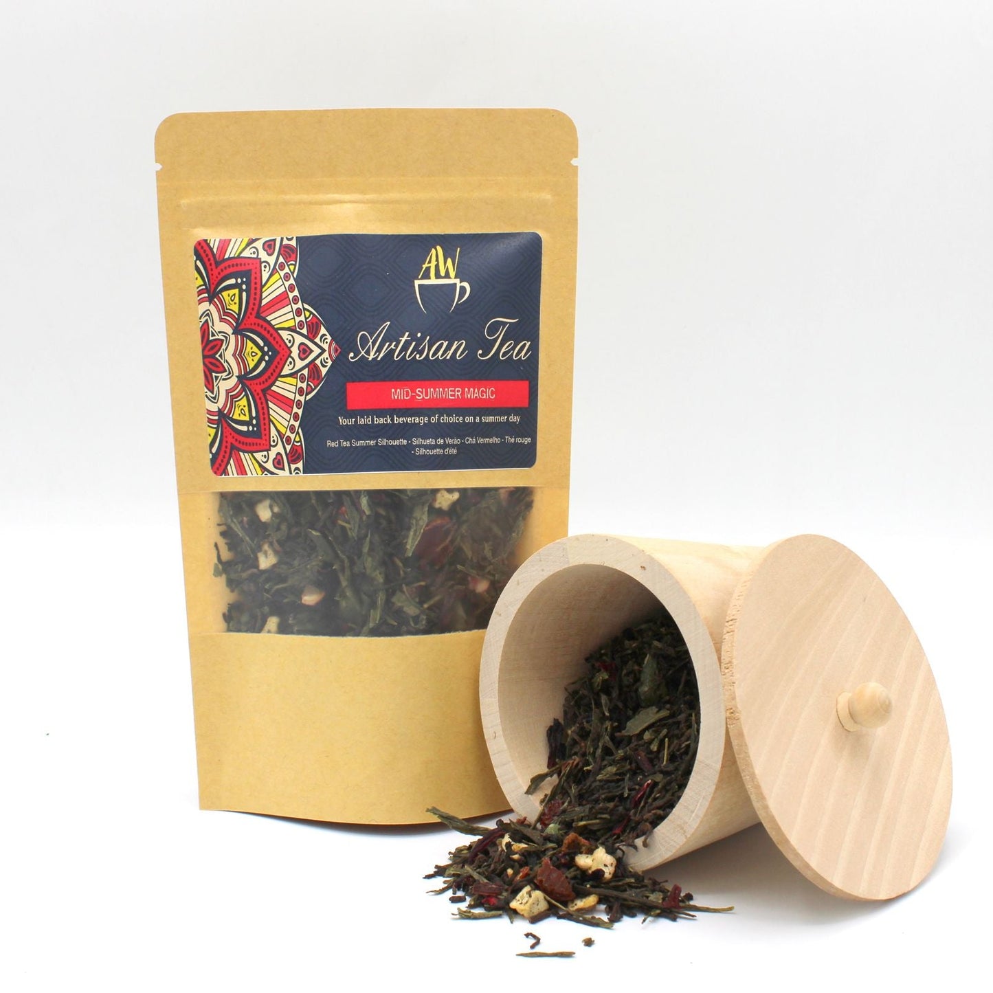 Red & Green Artisan Tea Blend – Kiwi Strawberry 50G artisan tea pouch with loose leaf blend and wooden canister on white background