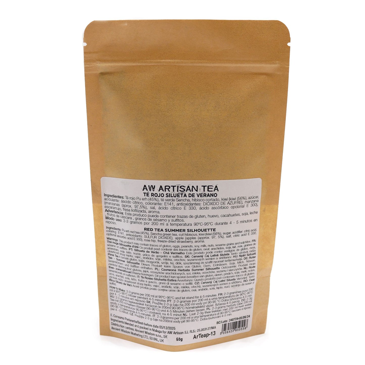 Red & Green Artisan Tea Blend – Kiwi Strawberry 50G bolsa kraft con etiqueta de ingredientes y preparación, té artesanal