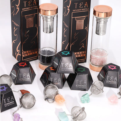 Red Jasper Crystal Tea Strainer – 7.5x5 CM with stainless steel mesh infuser and gemstone chips, displayed with tea bottles and packaging