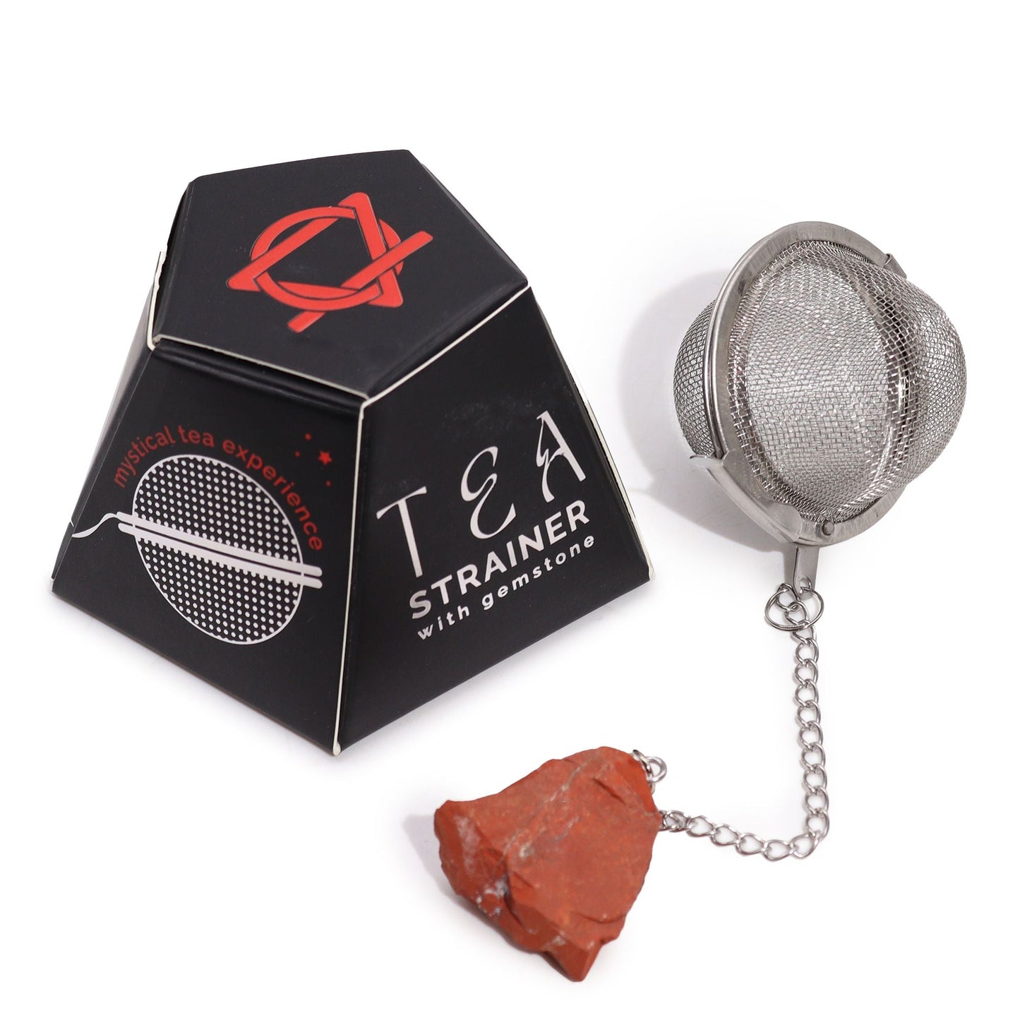 Red Jasper Crystal Tea Strainer – 7.5x5 CM stainless steel mesh tea infuser with red jasper gemstone pendant and chain, with box