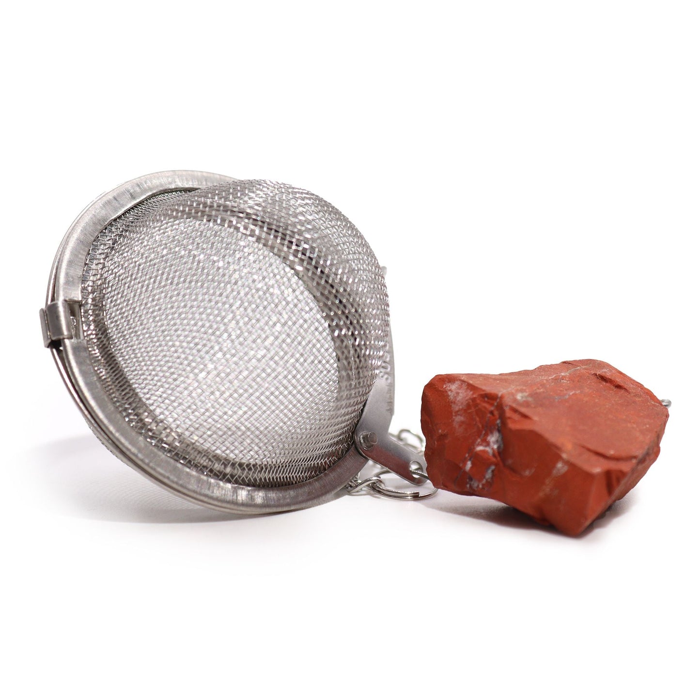 Alt Tag: Red Jasper Crystal Tea Strainer – 7.5x5 CM stainless steel mesh tea infuser with red jasper gemstone charm, close-up