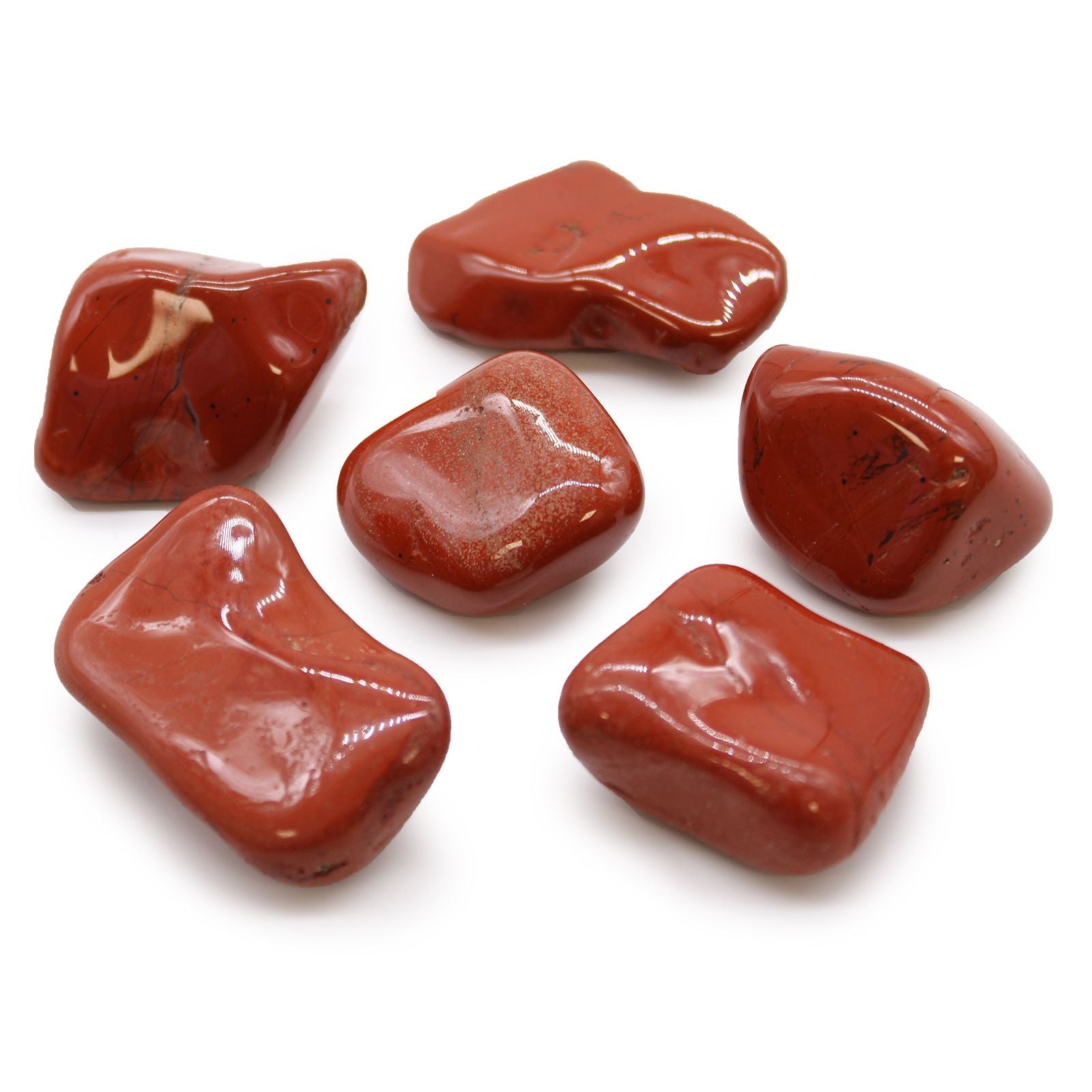 Red Jasper Gemstone – 6 Large African Tumble Stones, polished red jasper stones with natural earthy patterns on white background