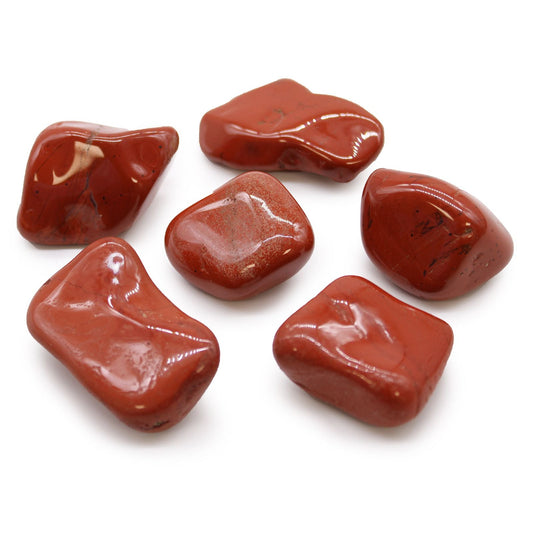 Red Jasper Gemstone – 6 Large African Tumble Stones, polished red jasper stones with natural earthy patterns on white background