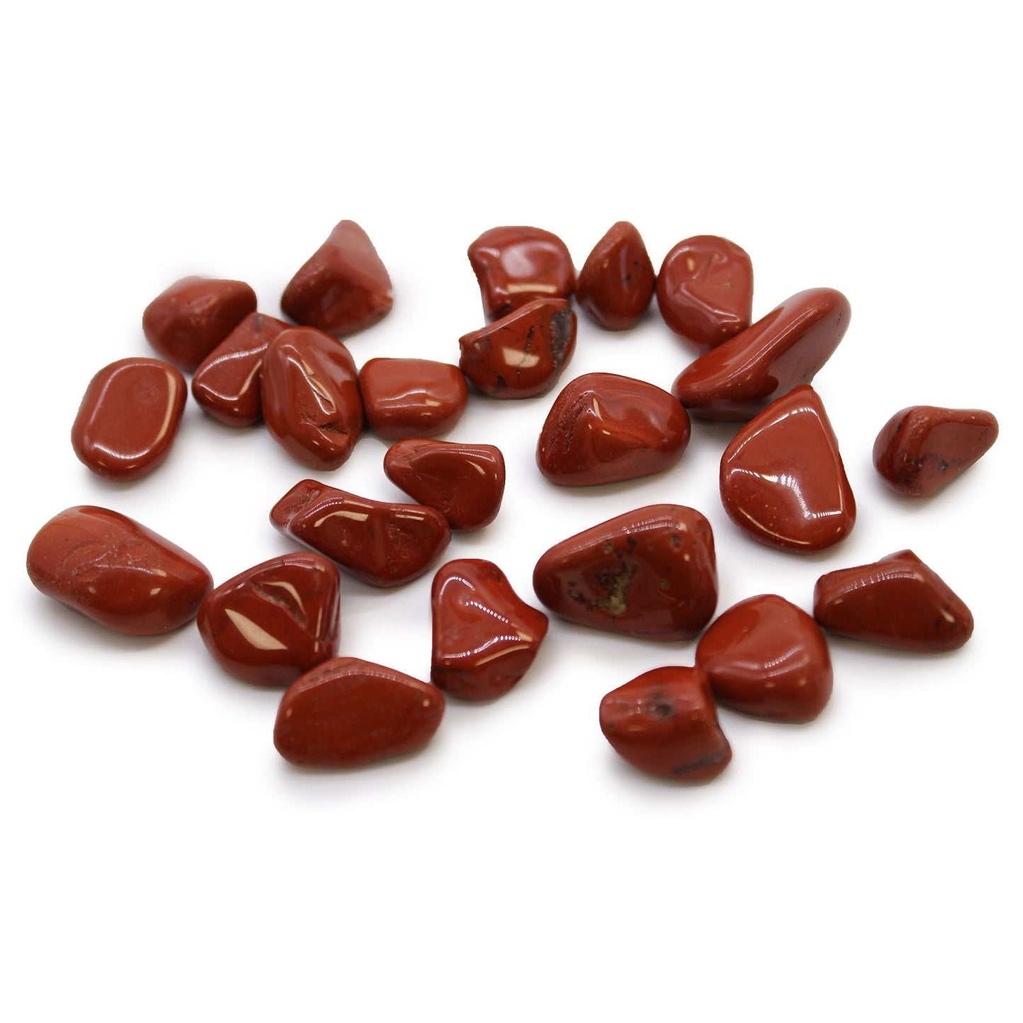 Red Jasper Gemstone Tumble Stones – Bag of 24, piedras pulidas de jaspe rojo natural en lote sobre fondo blanco