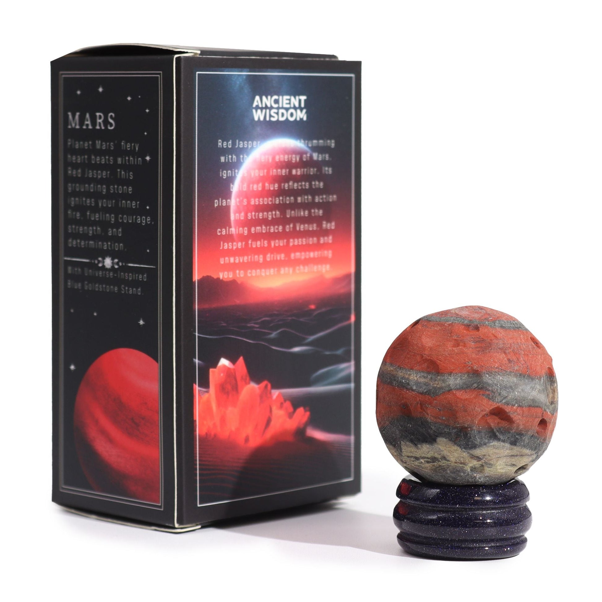 Alt Tag: Red Jasper Mars Gemstone Sphere – 40MM with Goldstone stand beside Mars-themed gift box