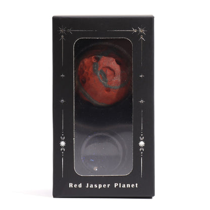 Alt Tag: Red Jasper Mars Gemstone Sphere – 40MM in display box with solar-inspired Goldstone stand, red jasper planet sphere
