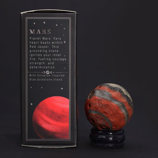 Red Jasper Mars Gemstone Sphere – 40MM with packaging and goldstone stand, red and gray jasper sphere on black background