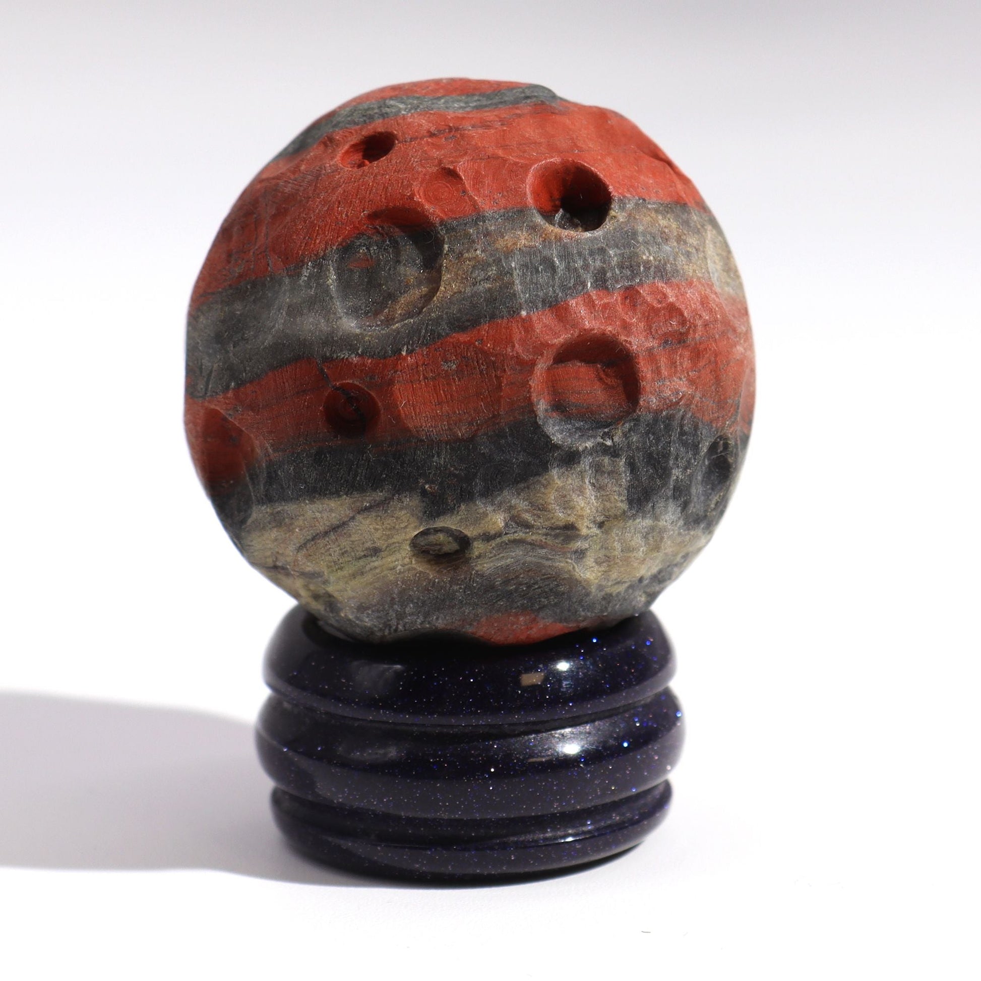 Red Jasper Mars Gemstone Sphere – 40MM on goldstone stand, red and gray banded gemstone sphere product photo