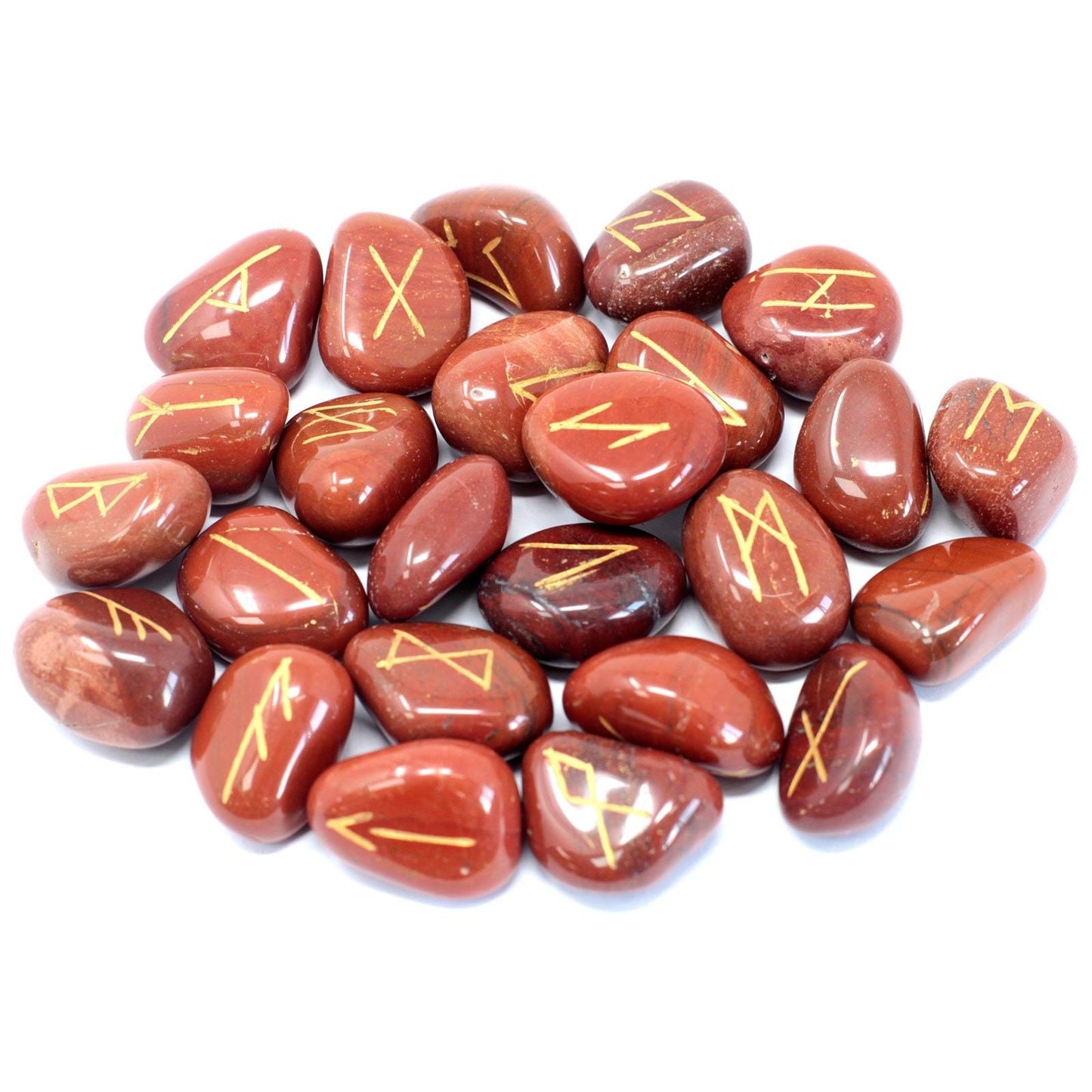 Alt Tag: Red Jasper Rune Stone Set – 11x9 CM hand-carved red jasper rune stones with gold symbols for divination, set of multiple pieces