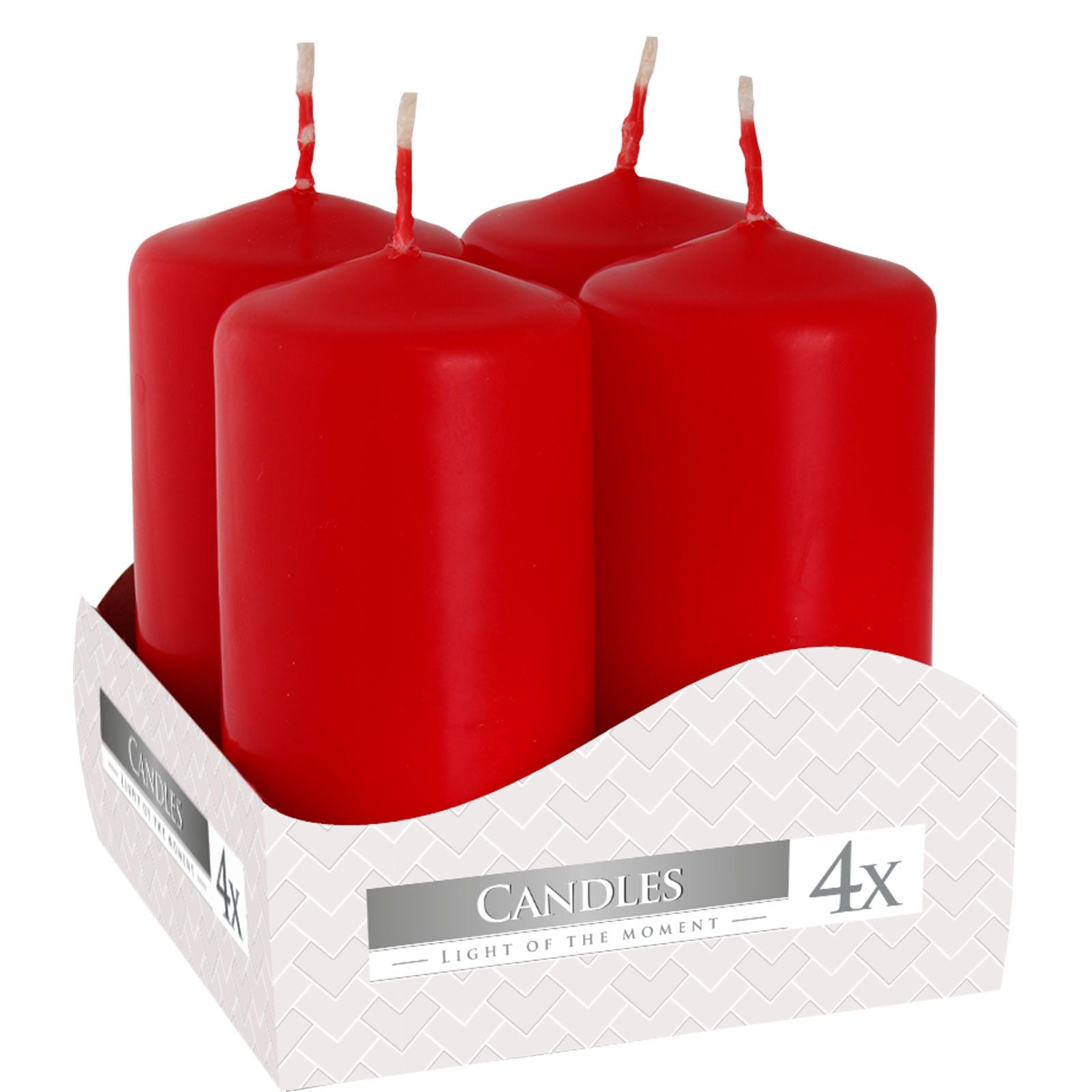 Red Paraffin Wax Pillar Candles – Set of 4, 40x80MM in red paraffin wax, four pillar candles in display tray