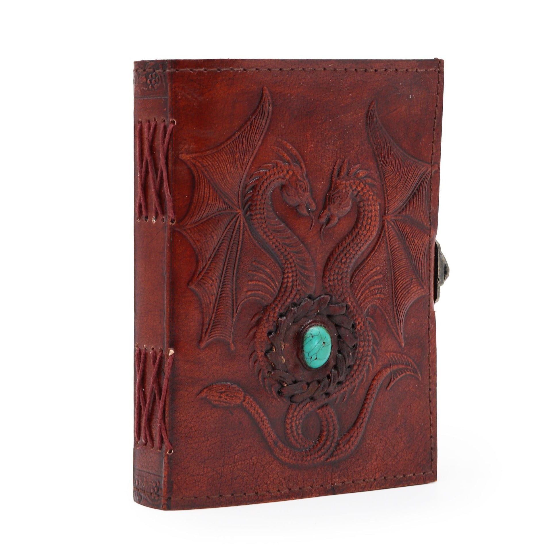 Alt Tag: Red Tan Leather Notebook – 200 Pages with embossed dragon cover, turquoise stone clasp, handcrafted genuine leather journal