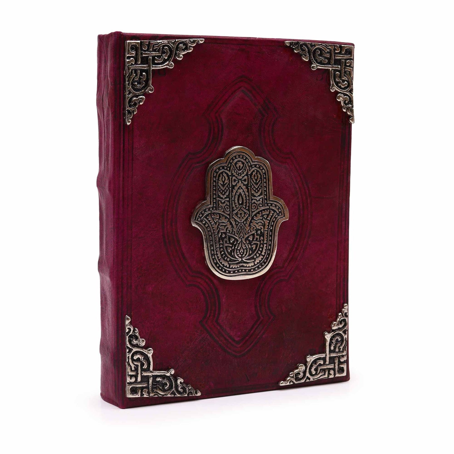 Alt Tag: Red Tan Leather Journal – Zinc Hamsa 26x18CM, red-tan leather notebook with zinc Hamsa emblem and ornate metal corner protectors