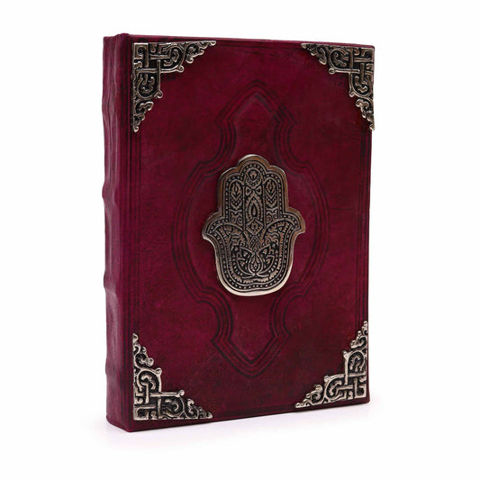 Alt Tag: Red Tan Leather Journal – Zinc Hamsa 26x18CM, red-tan leather notebook with zinc Hamsa emblem and ornate metal corner protectors
