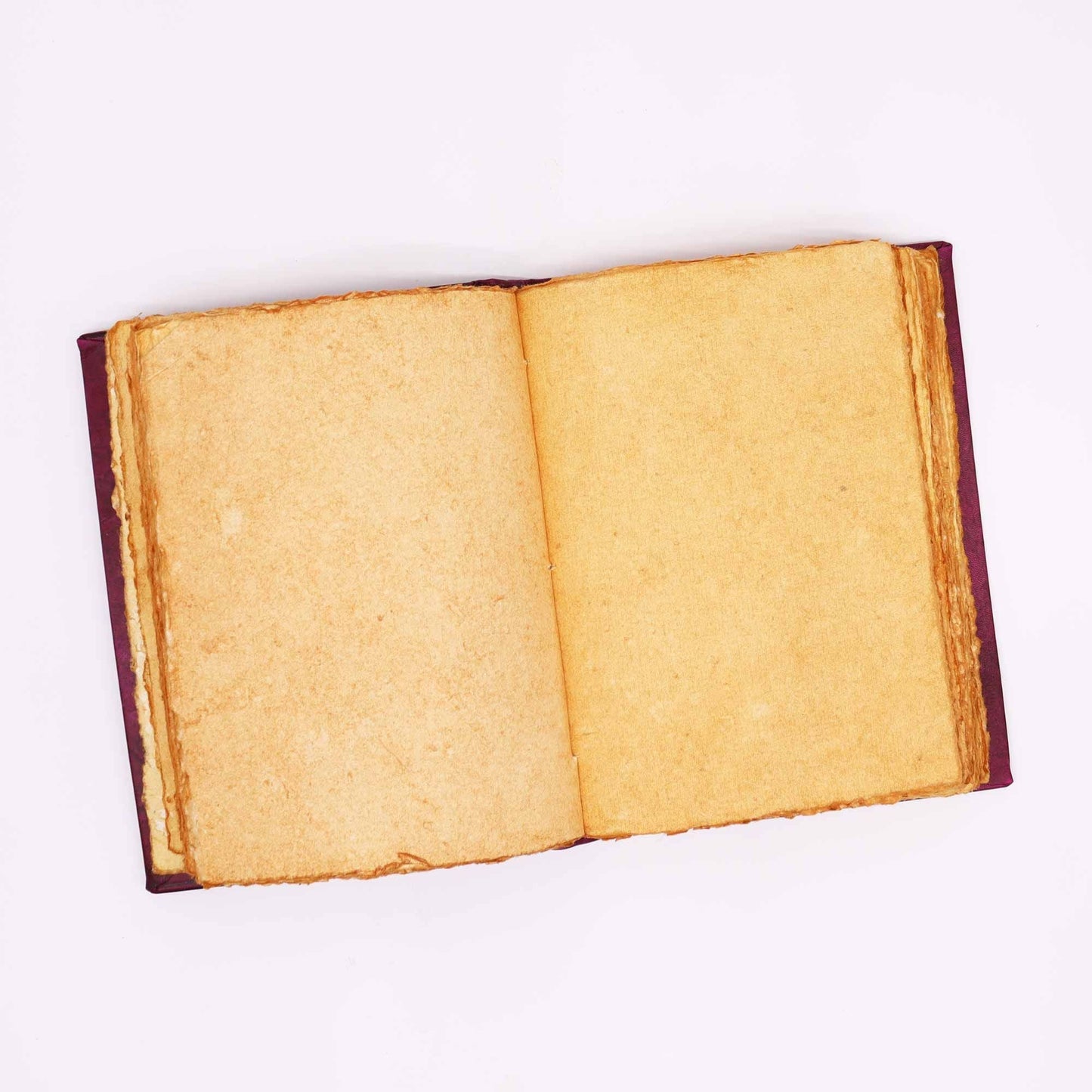 Alt Tag: Red Tan Leather Journal – Zinc Hamsa 26x18CM open notebook with blank vintage-style pages on white background