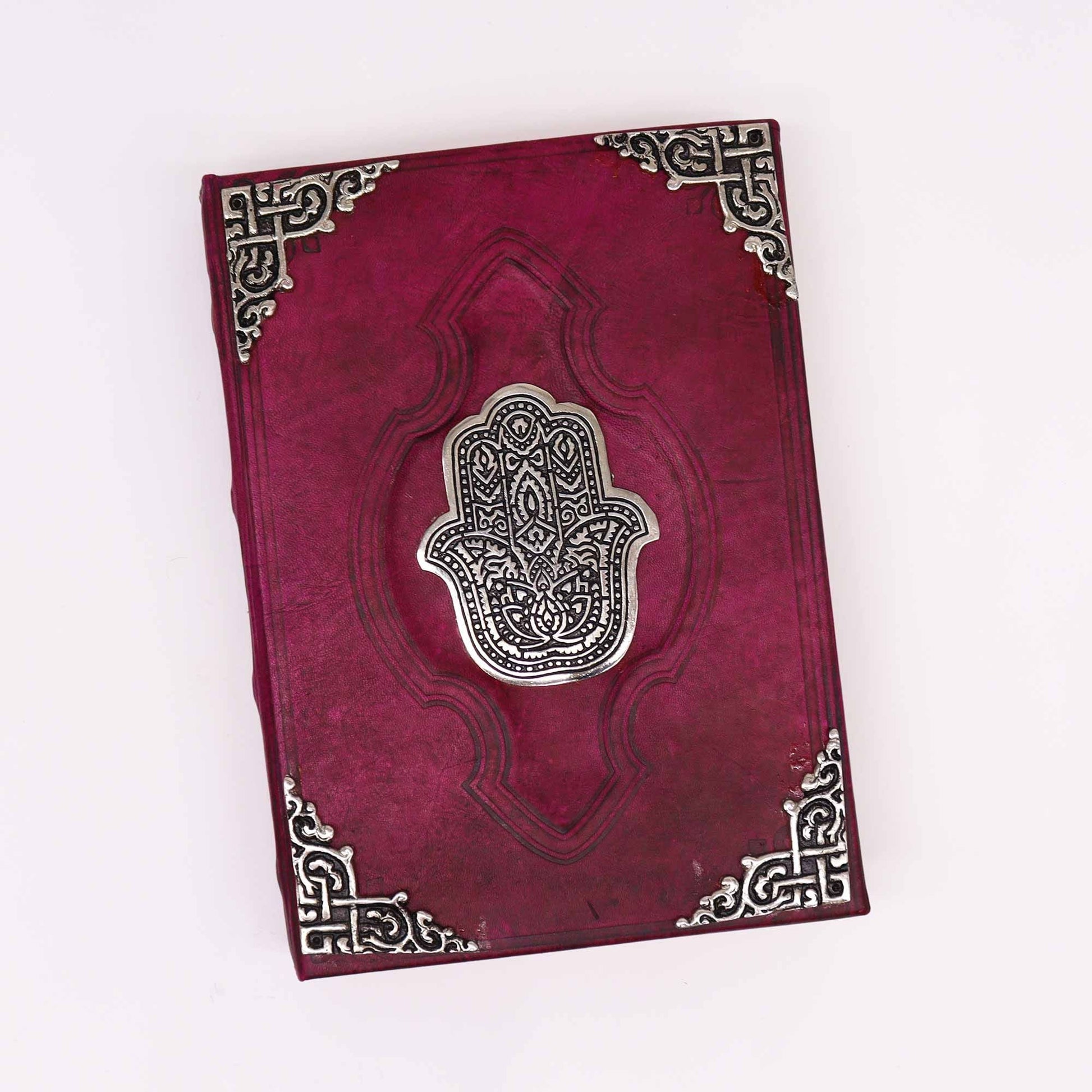 Red Tan Leather Journal – Zinc Hamsa 26x18CM, cuaderno de cuero rojo tan con adorno Hamsa de zinc y esquinas metálicas