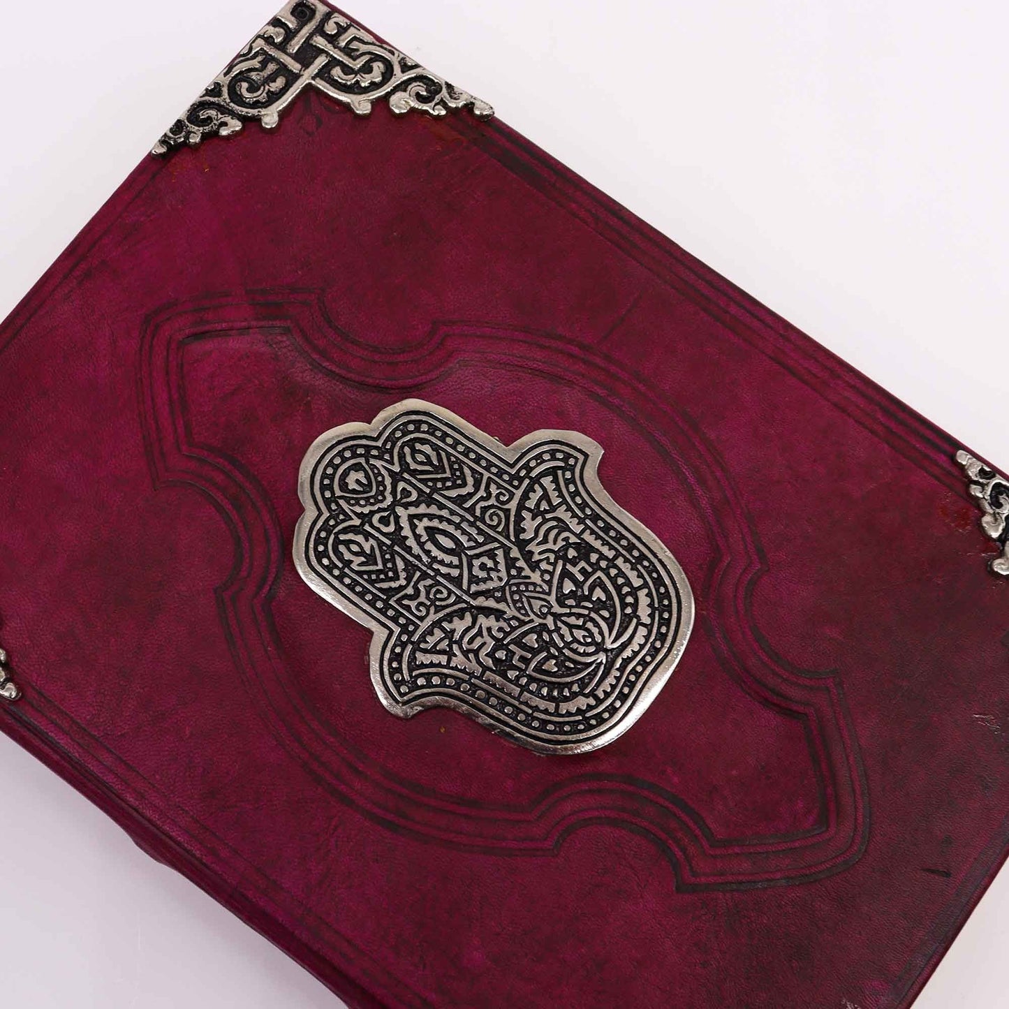 Alt Tag: Red Tan Leather Journal – Zinc Hamsa 26x18CM with embossed red-tan leather cover, zinc Hamsa emblem and ornate metal corner details