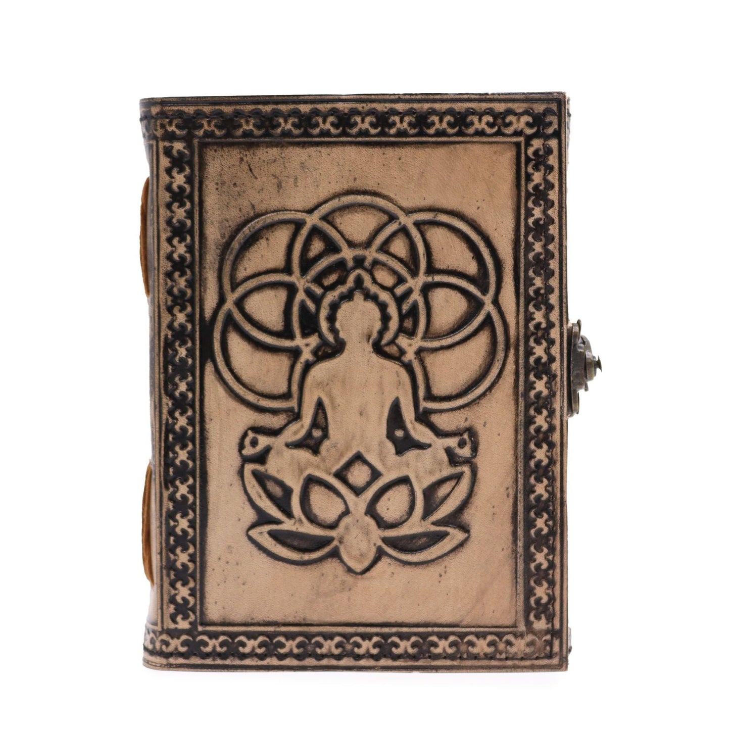 Red Tan Leather Notebook – 200 Pages – 17.5x12.5x3 CM with embossed meditating figure and lotus cover, compact handmade journal