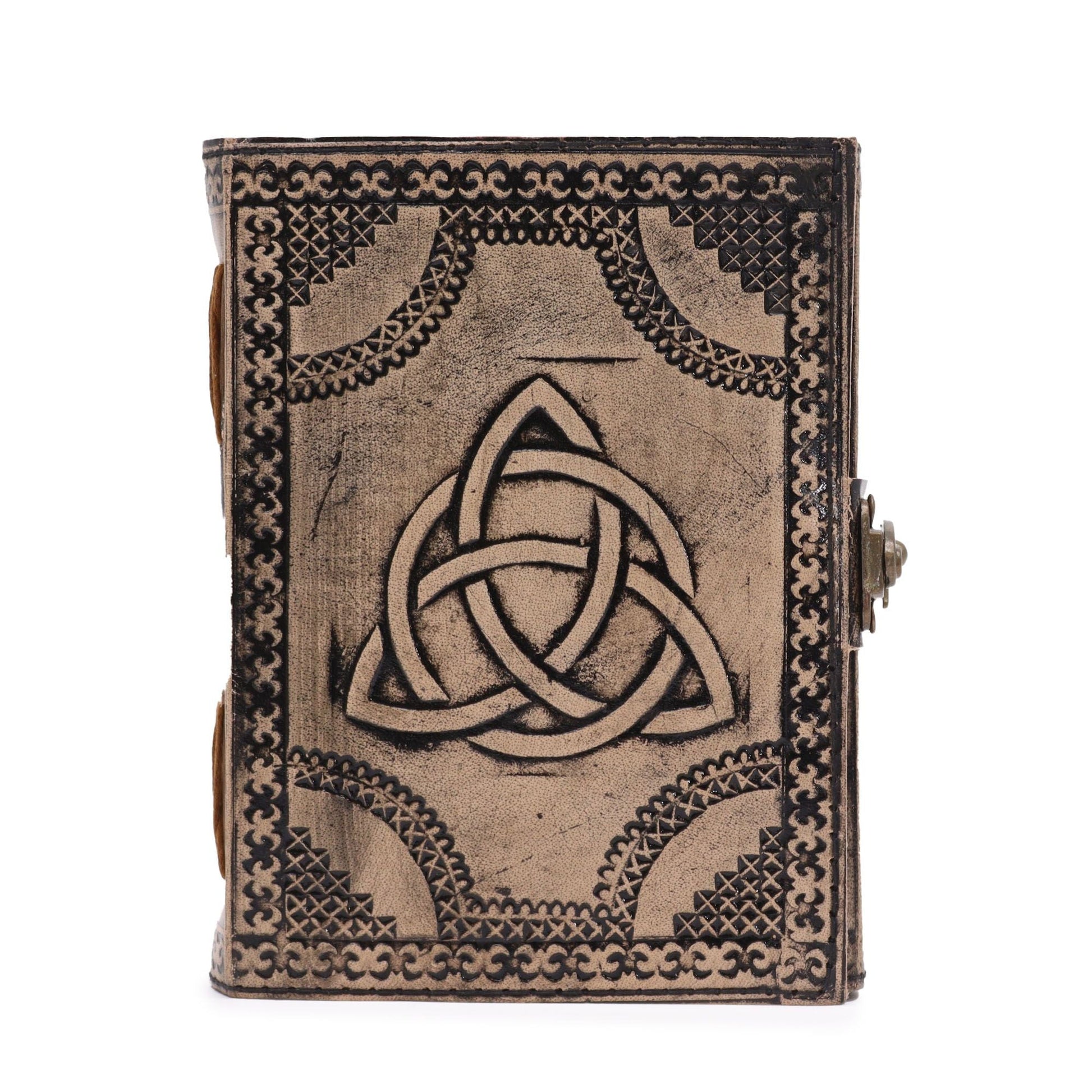 Alt Tag: Red Tan Leather Notebook – 200 Pages, 17.5x12.5x3 CM with embossed Celtic triquetra cover and clasp closure