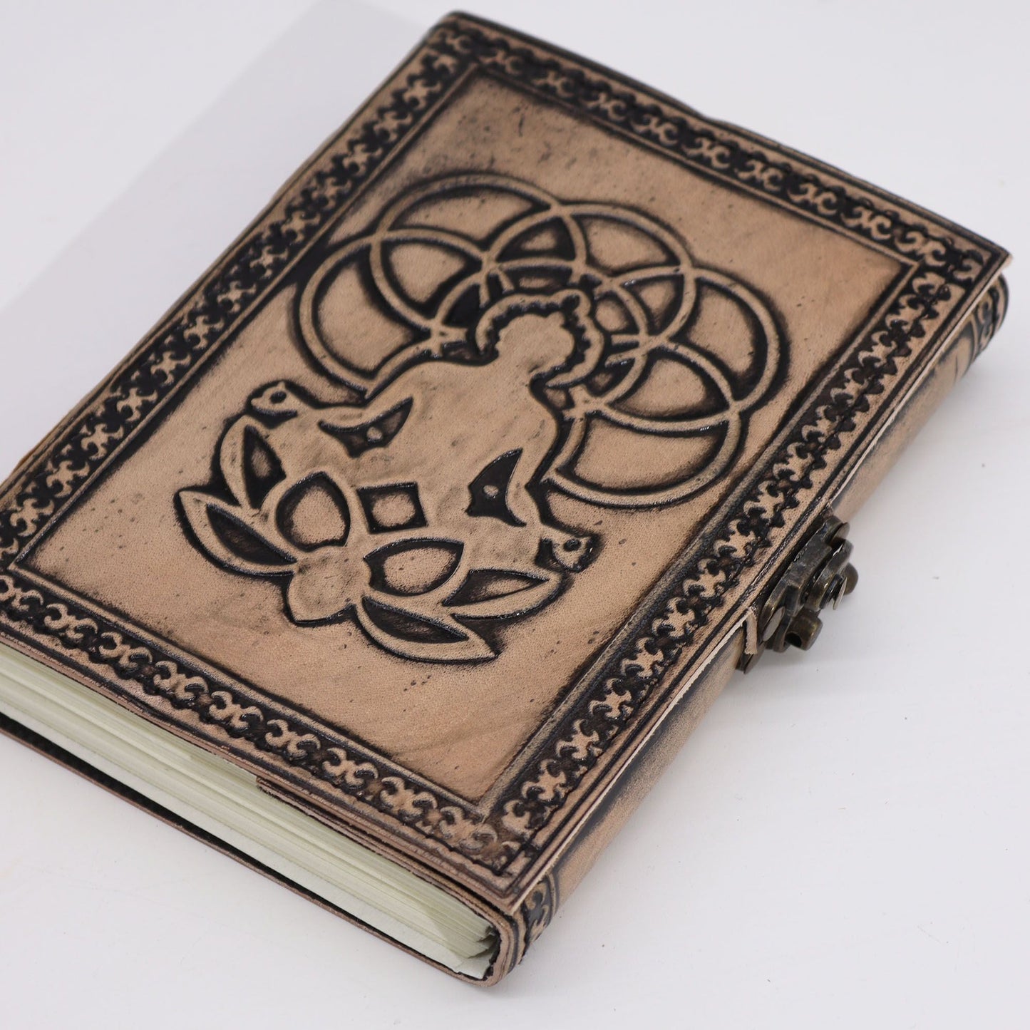 Alt Tag: Red Tan Leather Notebook – 200 Pages – 17.5x12.5x3 CM, handcrafted leather journal with embossed lotus and meditating figure cover