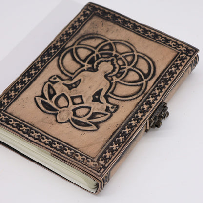 Alt Tag: Red Tan Leather Notebook – 200 Pages – 17.5x12.5x3 CM, handcrafted leather journal with embossed lotus and meditating figure cover