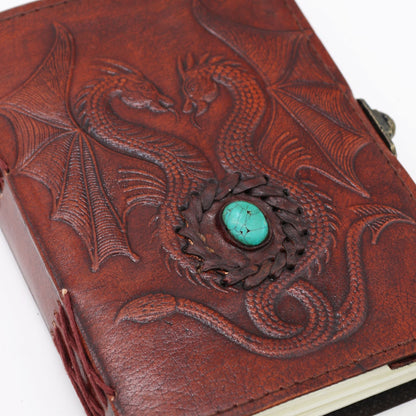 Alt Tag: Red Tan Leather Notebook – 200 Pages, genuine leather cover with embossed dragon design and turquoise stone accent