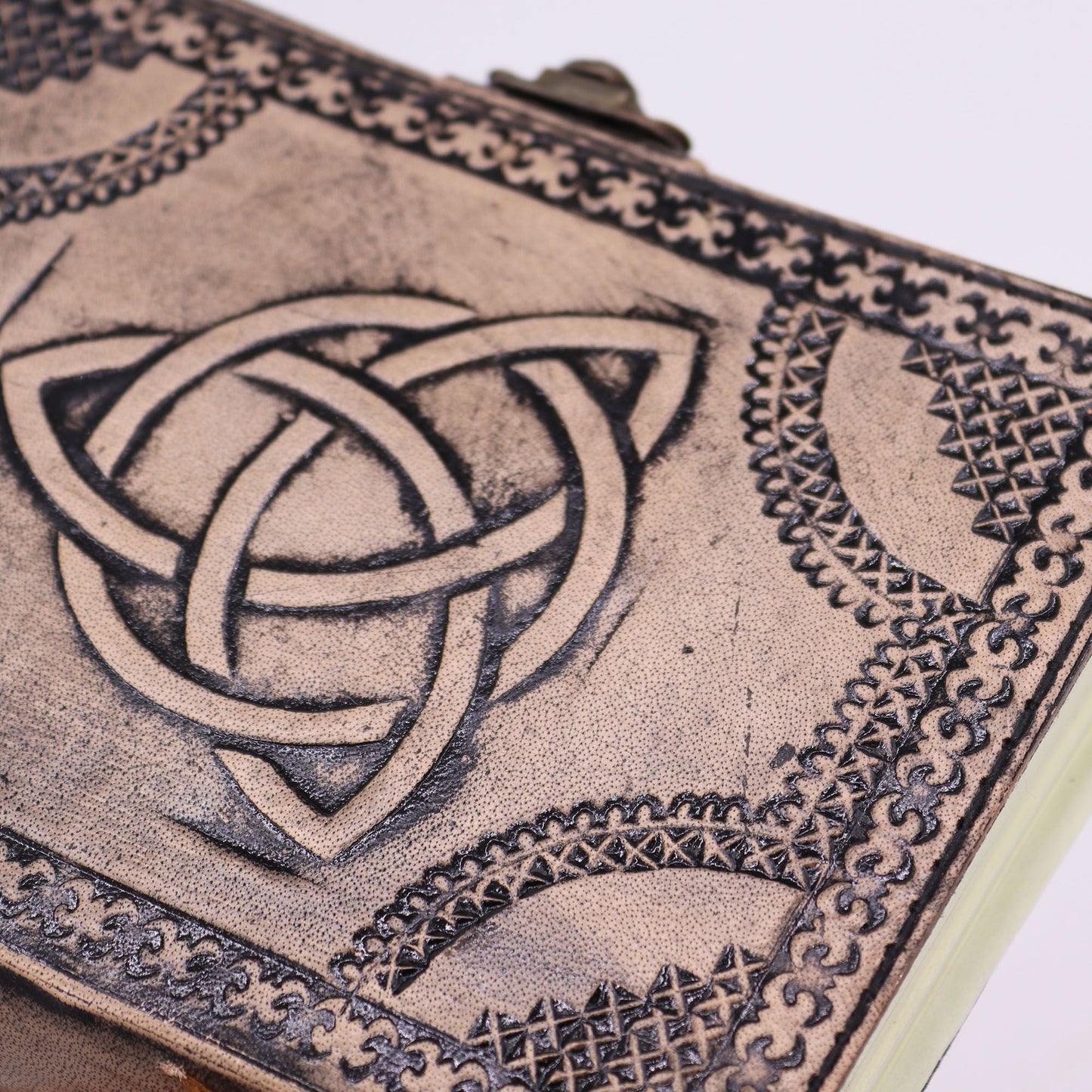 Alt Tag: Red Tan Leather Notebook – 200 Pages, 17.5x12.5x3 CM with embossed Celtic knot cover and stitched edge detail