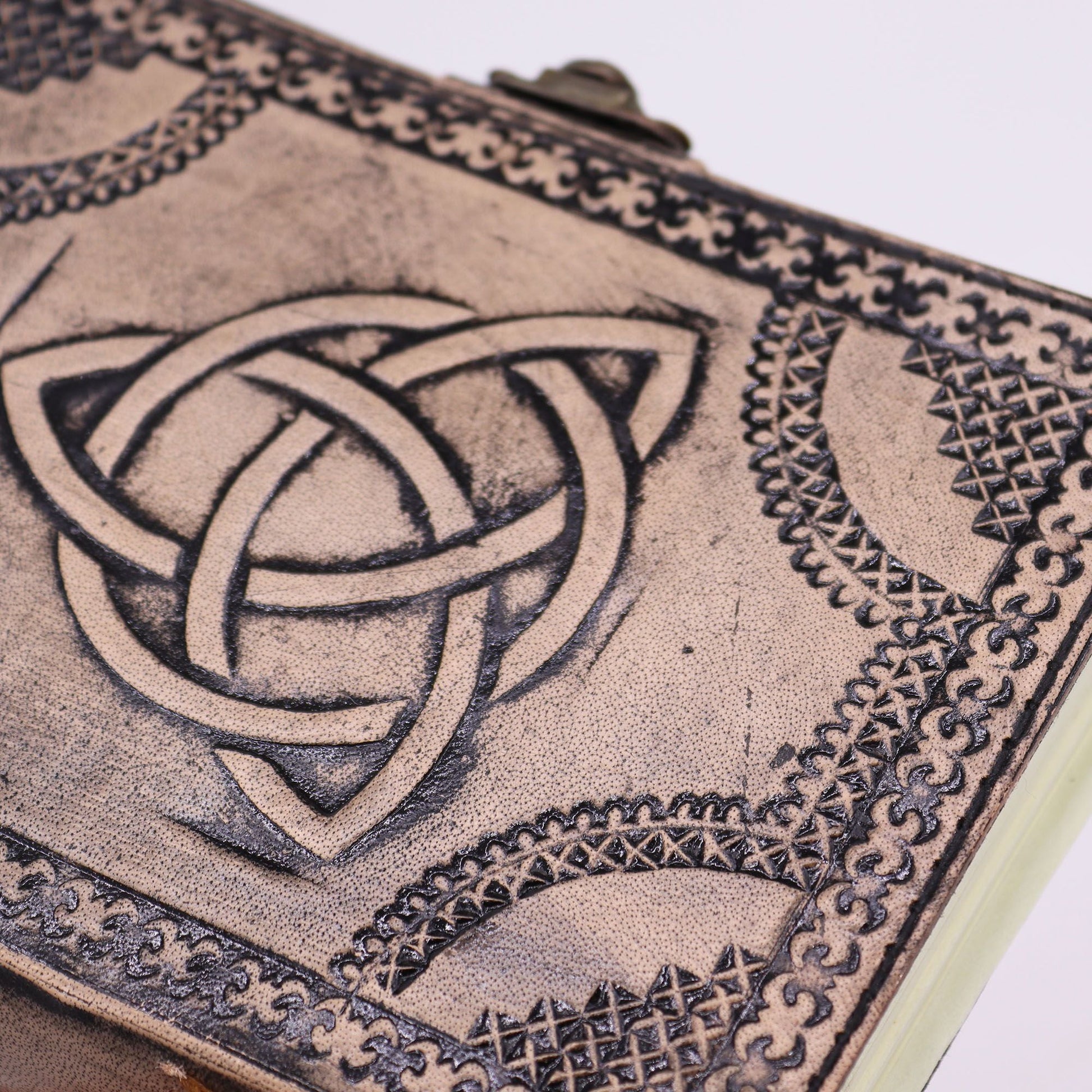 Alt Tag: Red Tan Leather Notebook – 200 Pages, 17.5x12.5x3 CM with embossed Celtic knot cover and stitched edge detail