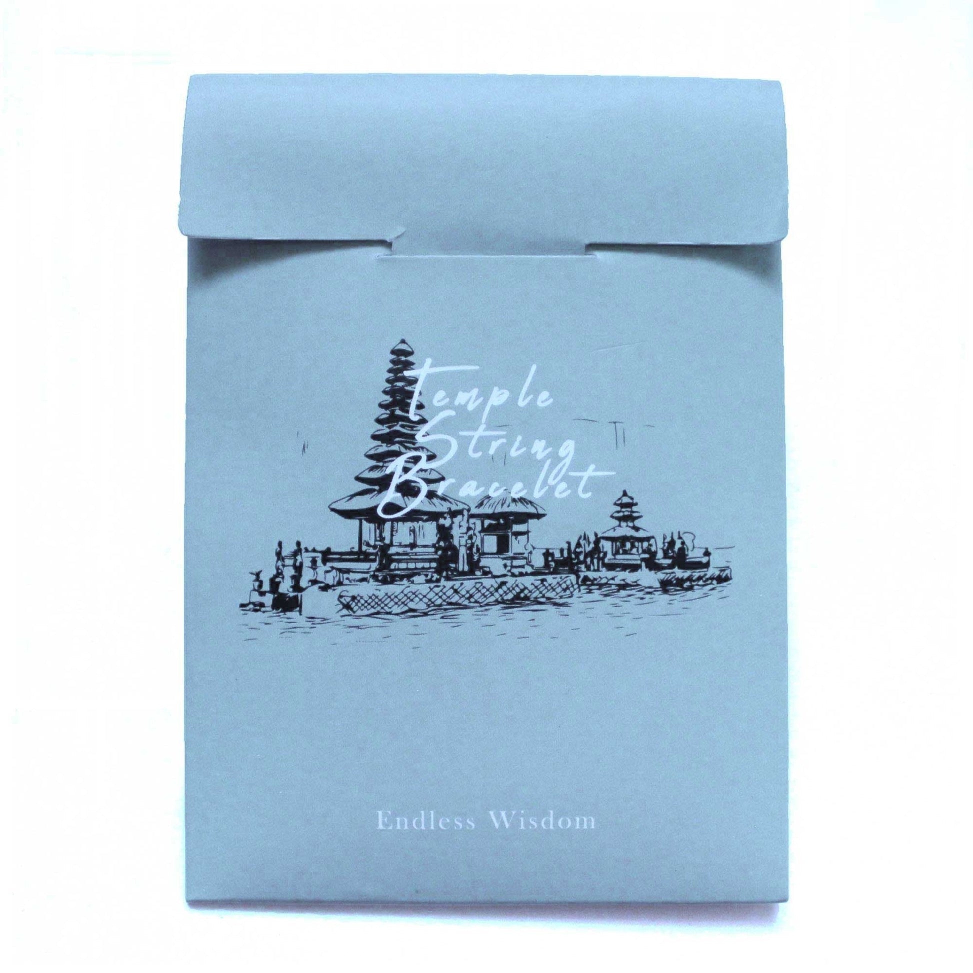 Red Temple String Bracelet – Endless Knot packaging, grey pouch with temple illustration and “Temple String Bracelet” text