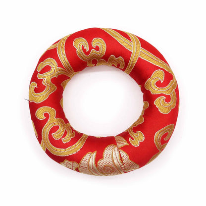 Alt Tag: Red Textile Hoop Cushion – 10CM for 12-14CM Singing Bowl, red polyester ring with gold embroidered pattern for stable bowl support