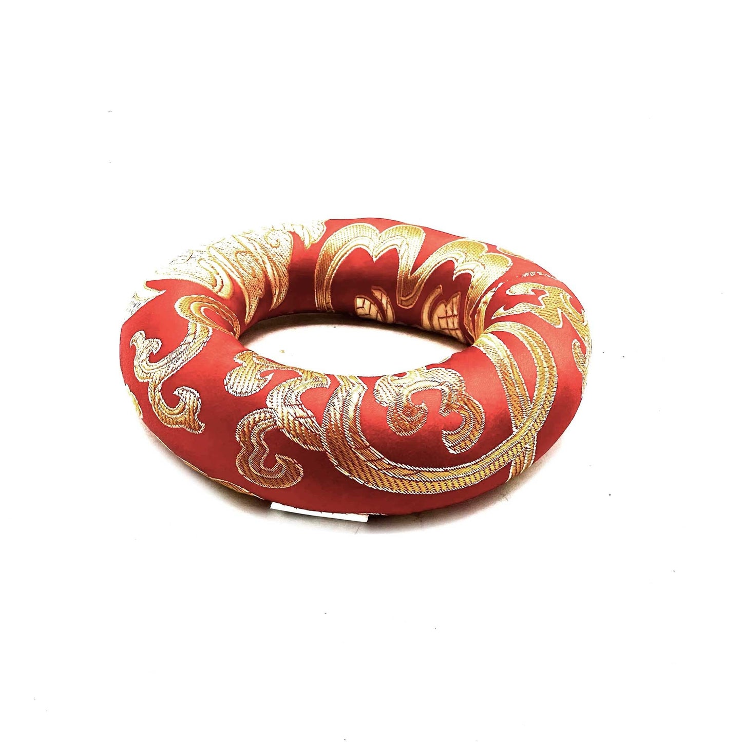 Alt Tag: Red Textile Hoop Cushion – 10CM for 12-14CM Singing Bowl, red polyester ring cushion with gold pattern for stable bowl support