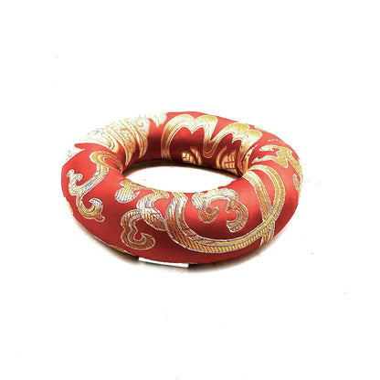 Alt Tag: Red Textile Hoop Cushion – 10CM for 12-14CM Singing Bowl, red polyester ring cushion with gold pattern for stable bowl support