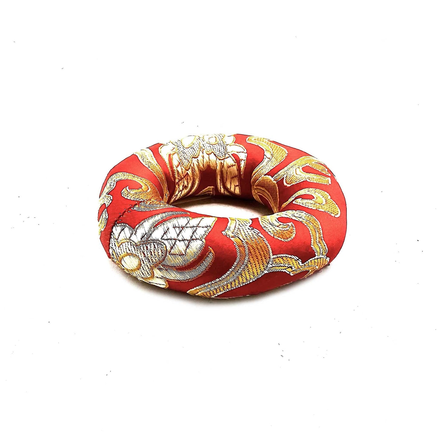 Alt Tag: Red Textile Singing Bowl Cushion – 8CM red polyester textile cushion ring with gold floral pattern for 10-12CM singing bowls