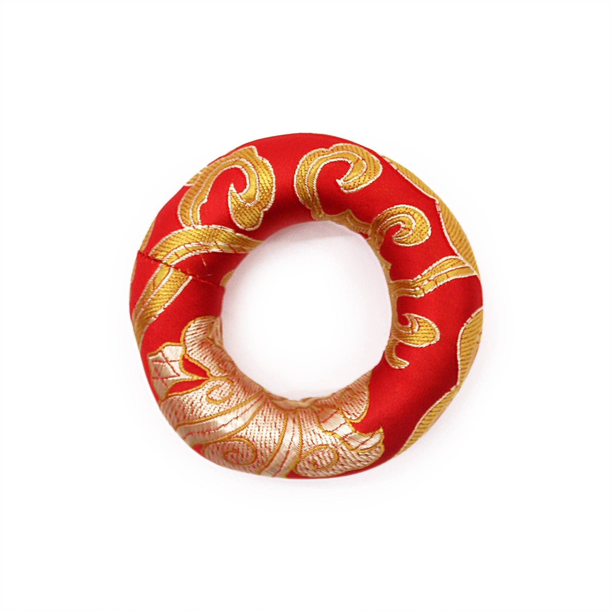 Alt Tag: Red Textile Singing Bowl Cushion – 8CM red and gold embroidered ring cushion for 10-12cm singing bowls, top view