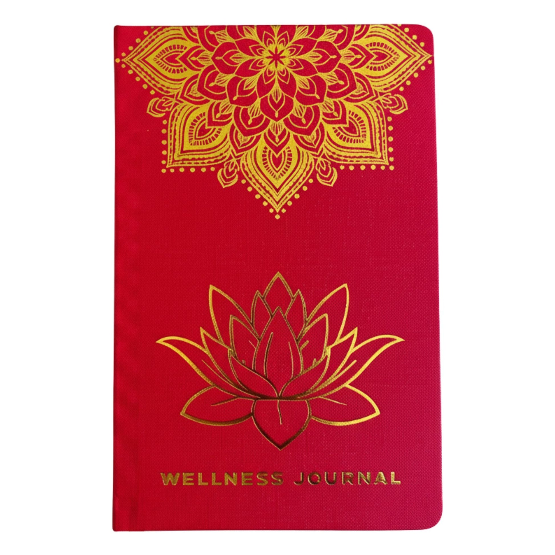 Red Wellness Journal – 120 Pages – Golden Mandala & Lotus red cover with gold mandala and lotus design, Wellness Journal text