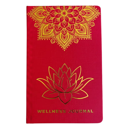 Red Wellness Journal – 120 Pages – Golden Mandala & Lotus red cover with gold mandala and lotus design, Wellness Journal text